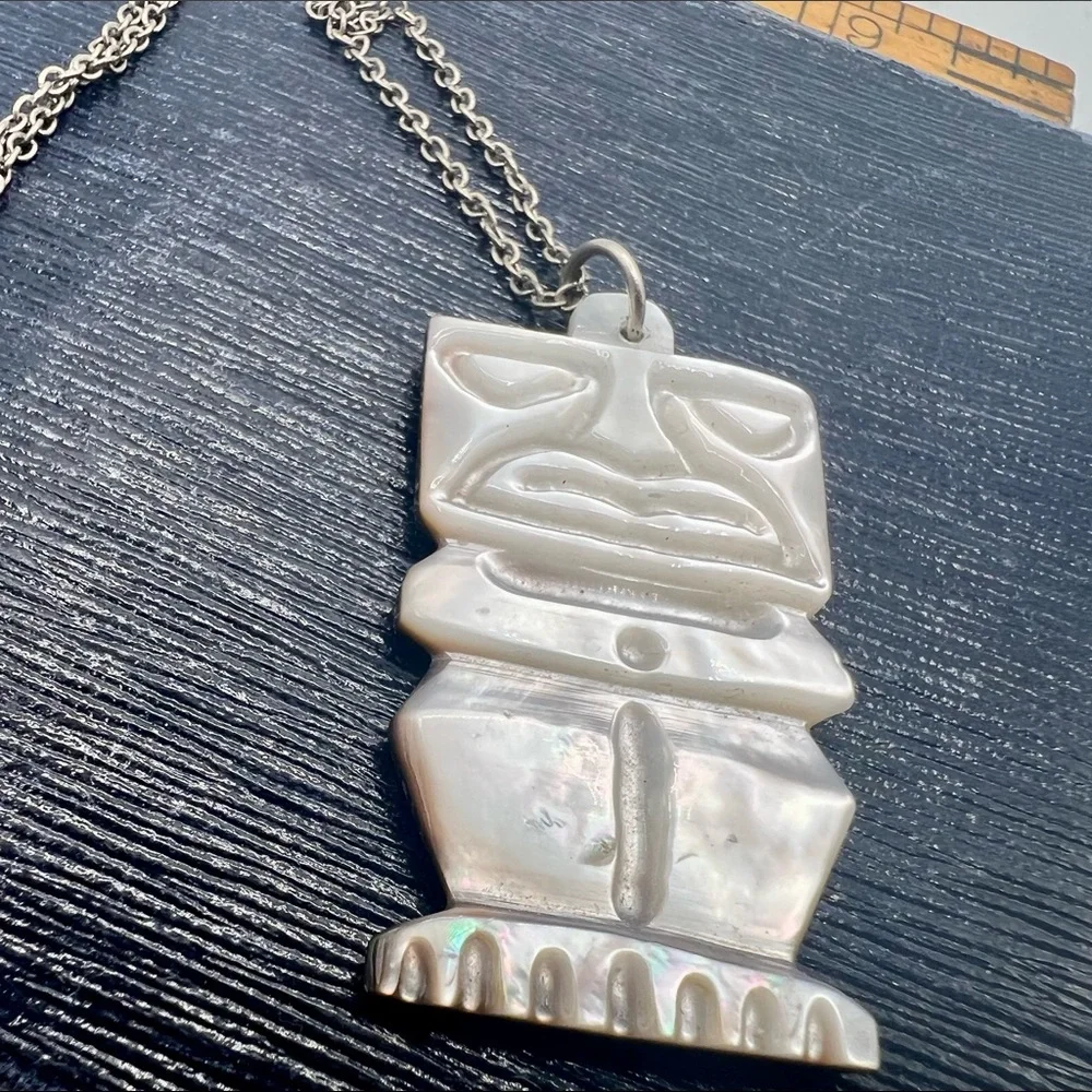 Vintage reversible carved mother of pearl tiki pendant tribal unique 18”